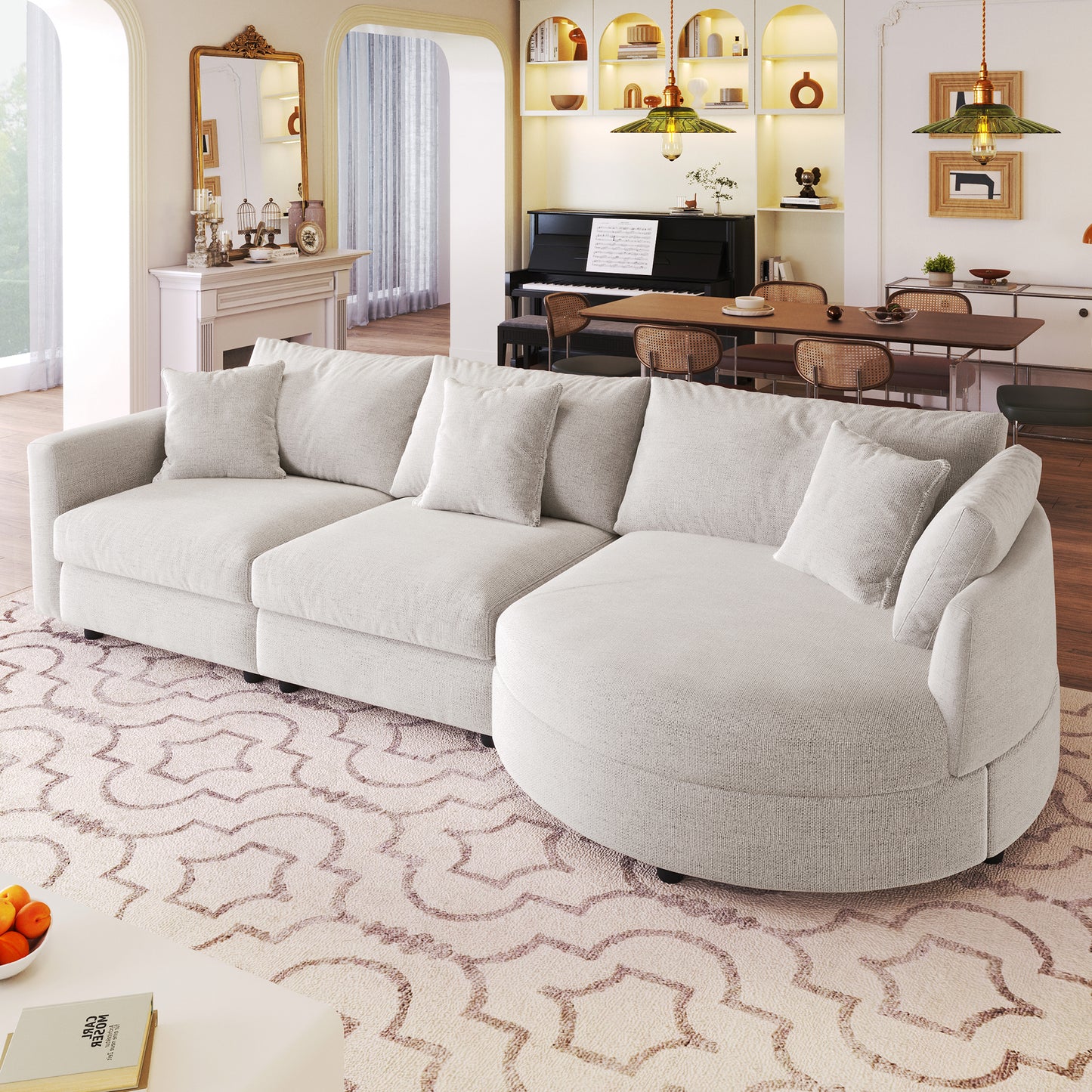 Curved Sectional Sofa with Chaise – 105" 3 Piece Chenille Fabric Couch with Throw Pillows, Modern Living Room Sofa for Home & Apartment