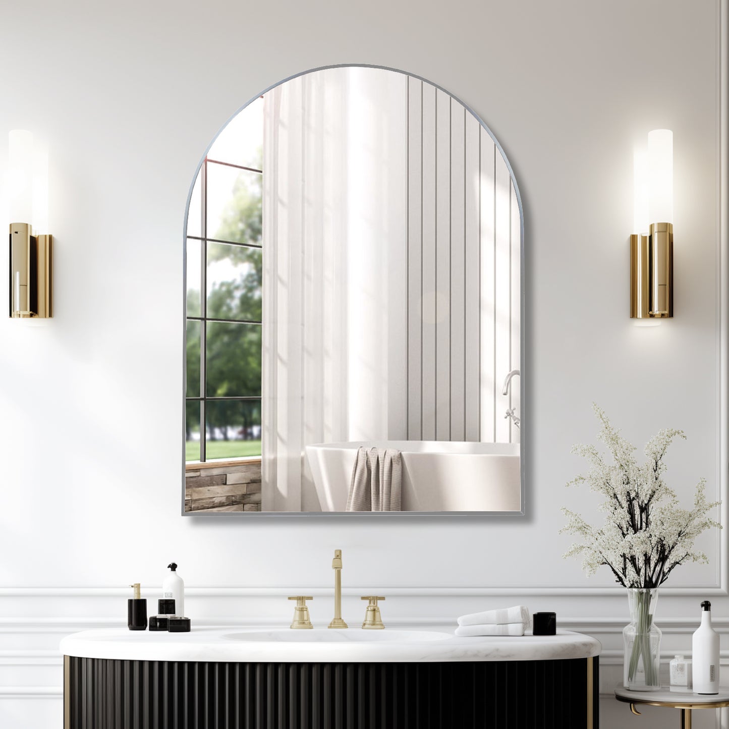 Arched Metal Frame Wall Mirror – 30" x 40" Bathroom Vanity Mirror, Modern Decorative Arch Mirror