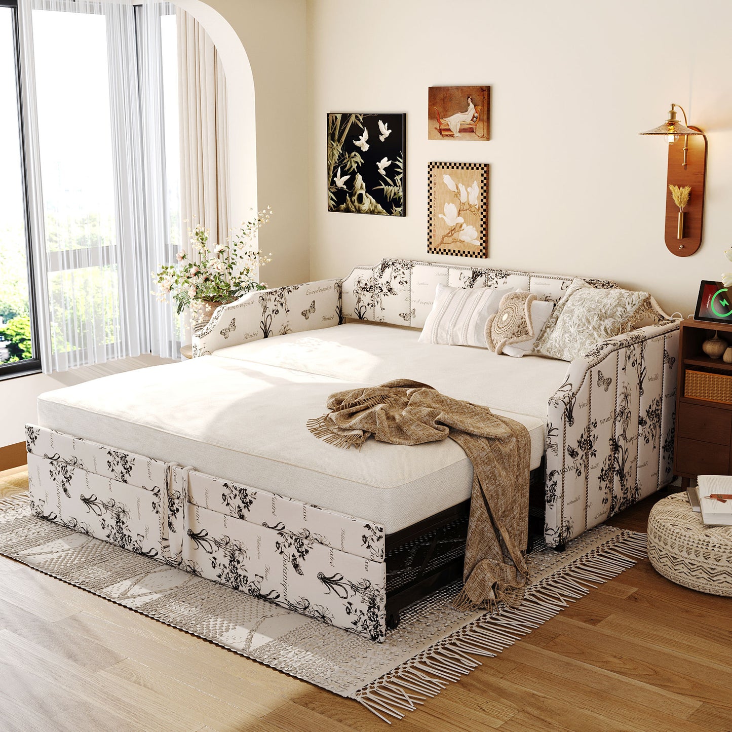 Twin Size Upholstered Daybed with Pop-Up Trundle & USB Charging Ports