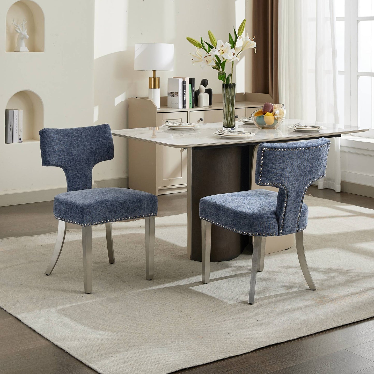 Mid Century Modern Dining Chairs Set of 2, Farmhouse Chenille Fabric Upholstered Accent Chair