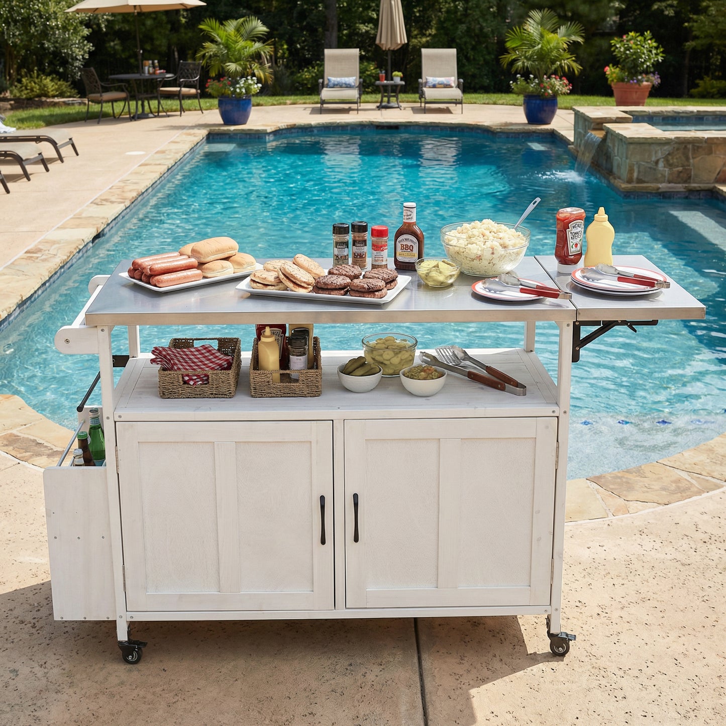 Foldable Outdoor Kitchen Island Patio Mobile Kitchen Cart Portable Outdoor Cooking Island with Lockable Wheels