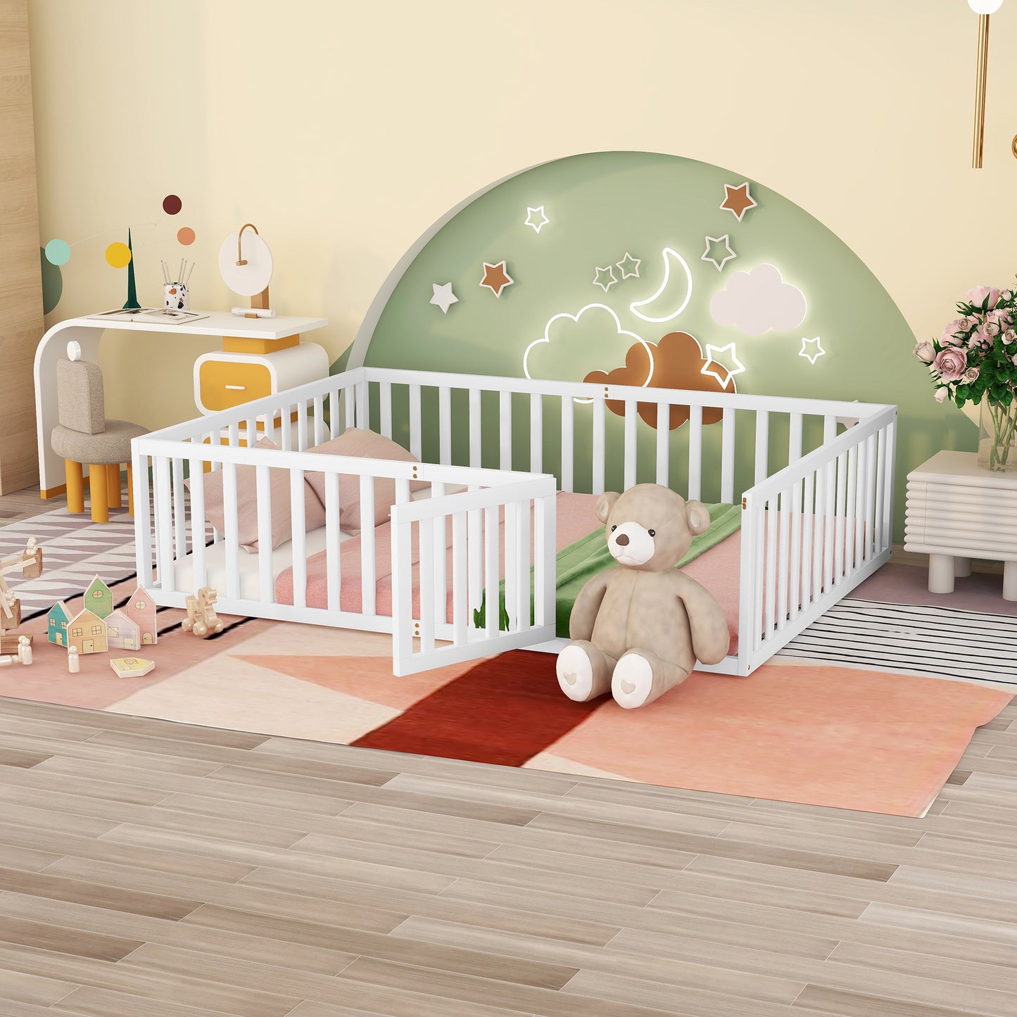 Wood Floor Bed Frame with Fence and Door
