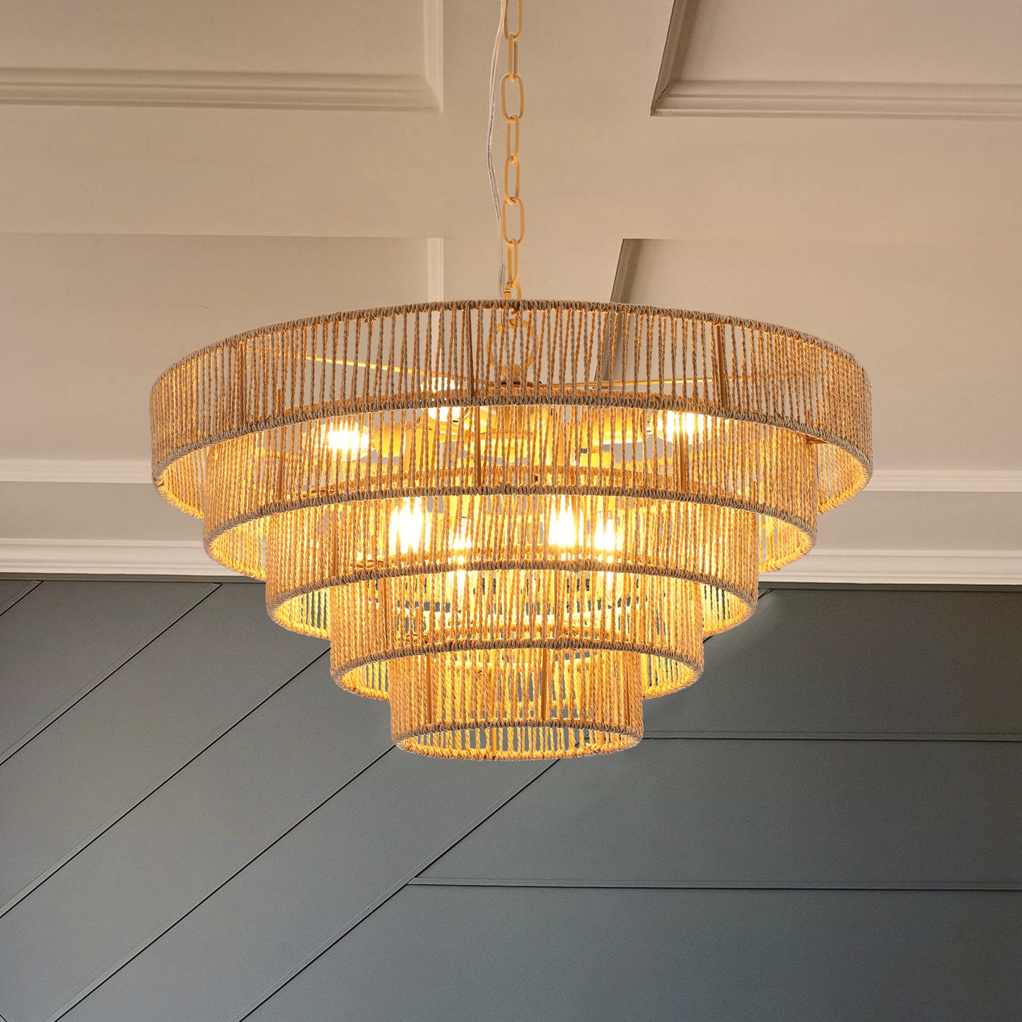 Modern Woven Hemp Rope Chandelier, Boho Style Pendant Light, Elegant Hanging Light Fi