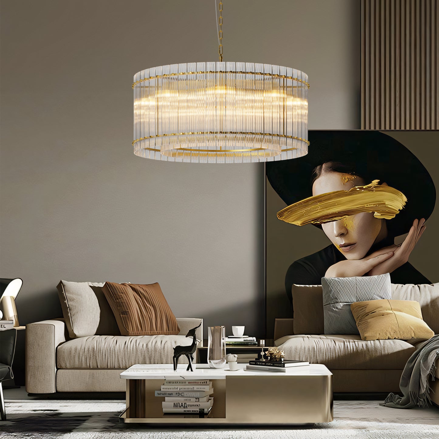 37' Modern Round Chandelier, 2-Tier 8-Light Water Ripple Crystal Glass