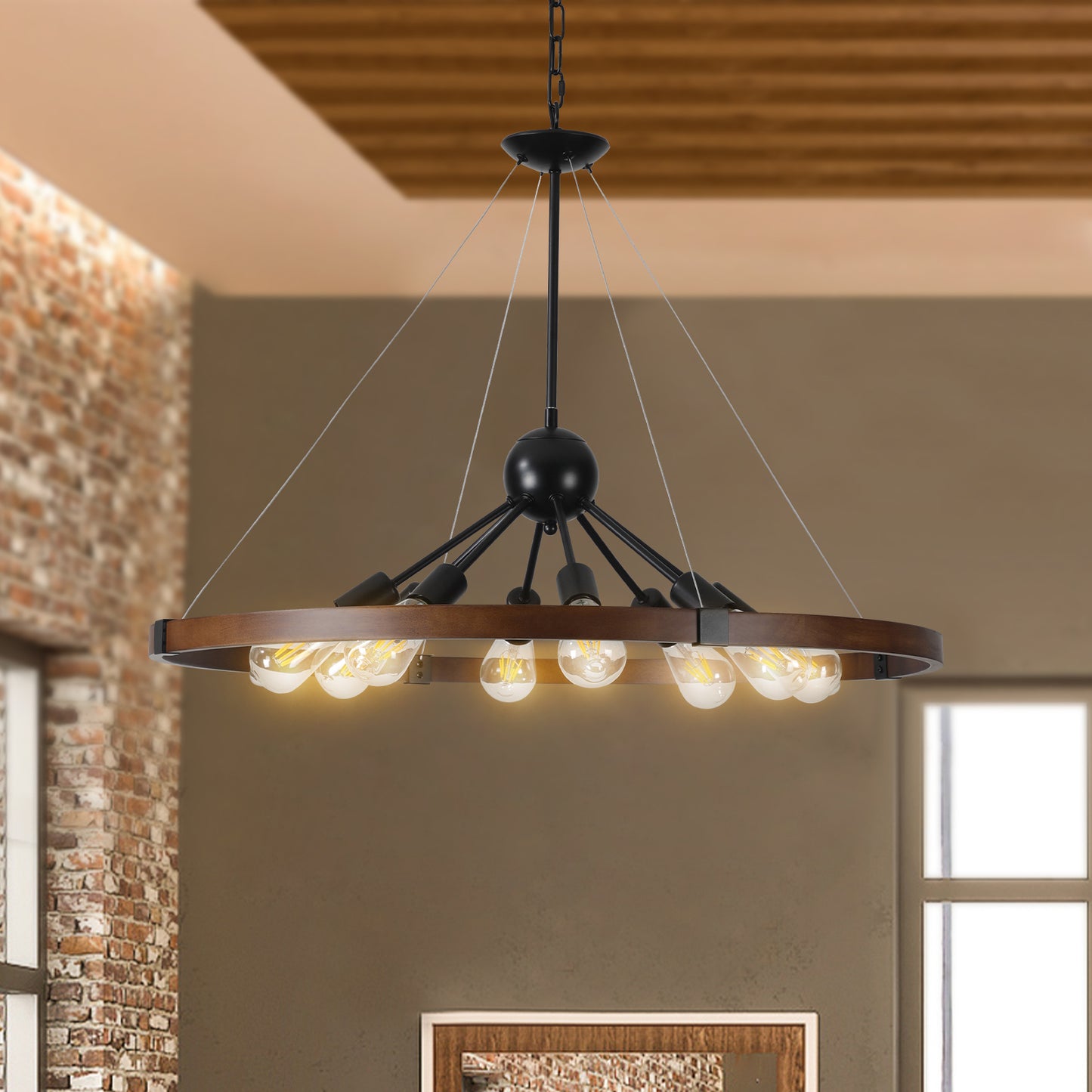 (New SKU:W1340P206642) 8-Light Retro Farmhouse Chandelier For Kitchen, Living room, Dining room Red and Walnut(No Bulbs)