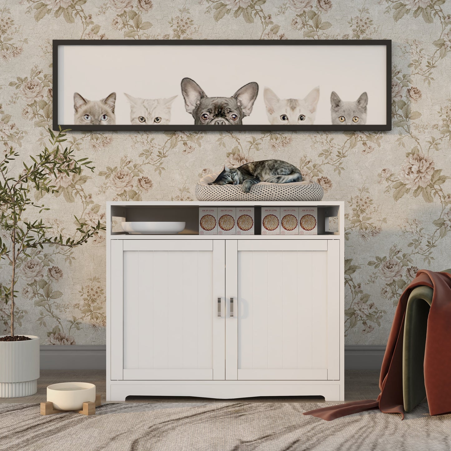 Hidden Cat Litter Box Furniture with Storage Bench , Wooden Pet House Side Table with Double Doors