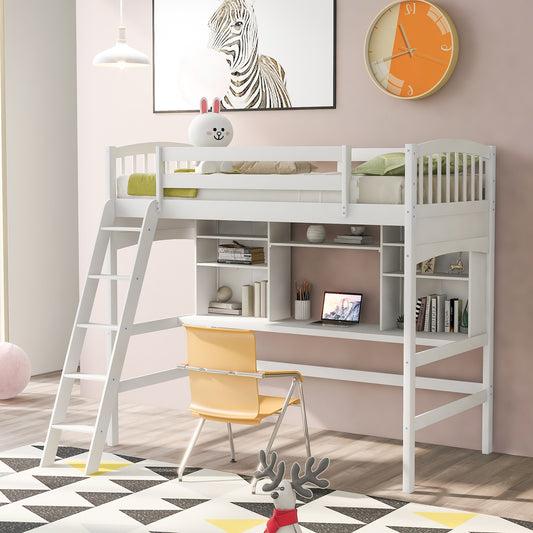 Loft Bed Twin White Solid Wood with Shelves and Ladder for Bedroom and Guest Room