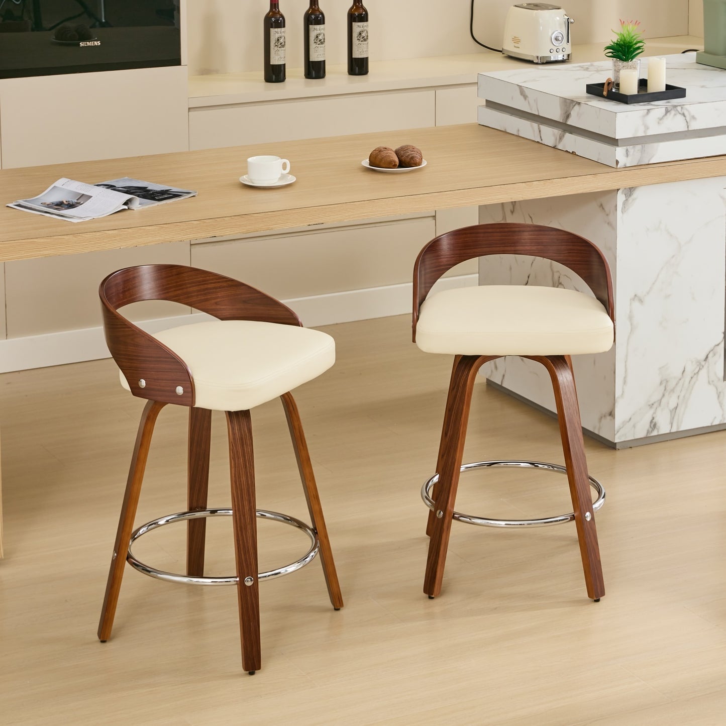 Bar Stools Set of 2, Swivel Bar Height Stools with Low Back, Wood Bar Chairs with Soft Cushion Seat, 25-Inch Seat Height