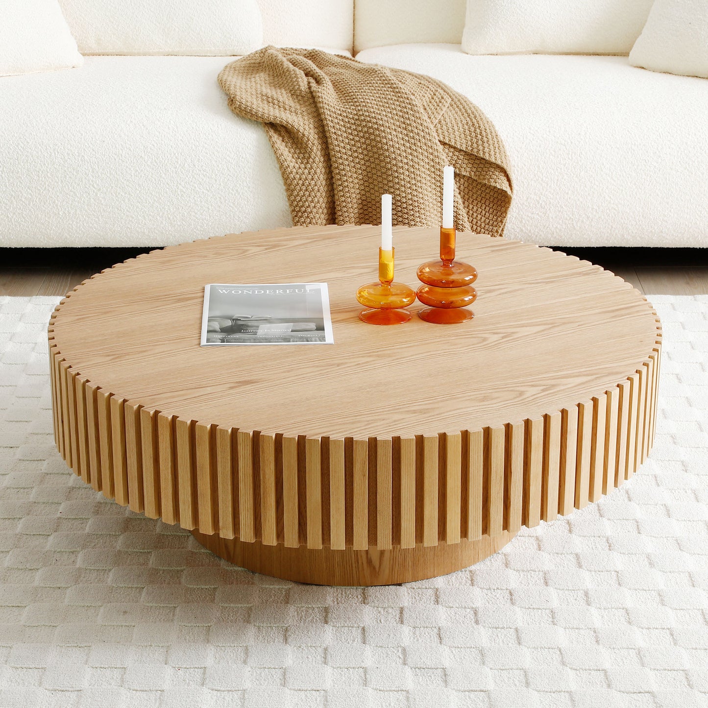 31.49'' Round Wood Coffee Table for Living Room, Modern Handcraft Drum Coffee Table, Circle Wooden Coffee Table for Small Space Apartment ASH.