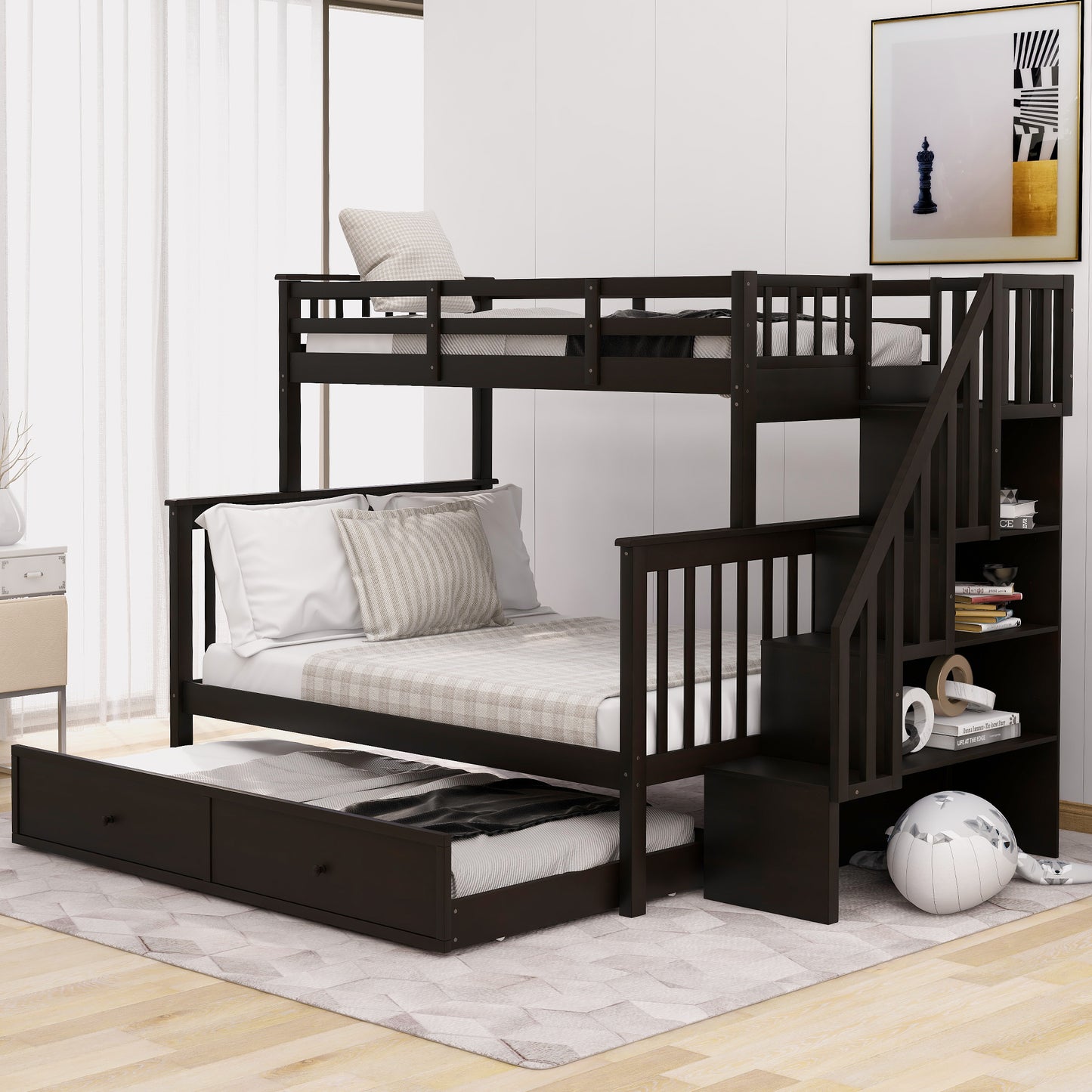 Stairway Twin-Over-Full Bunk Bed with Twin size Trundle and Storage