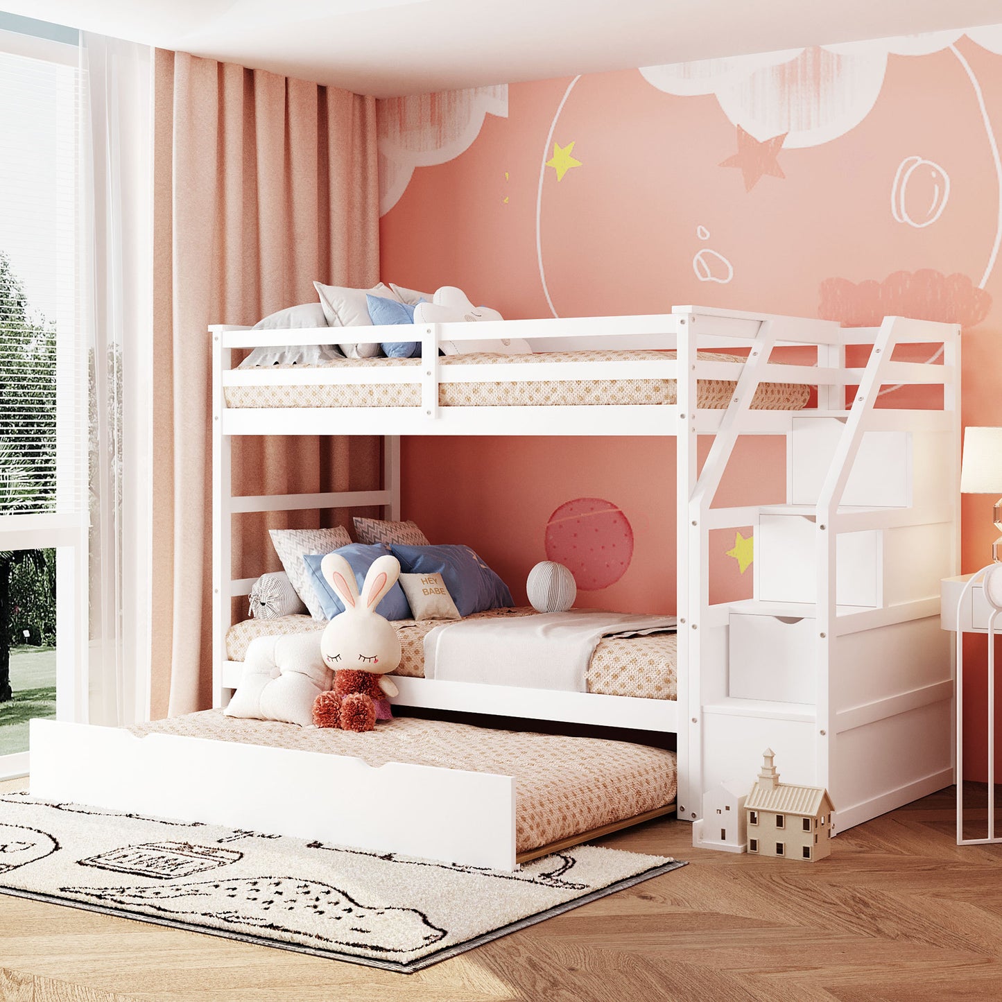 Twin-Over-Twin Bunk Bed with Twin Size Trundle and 3 Storage Stairs