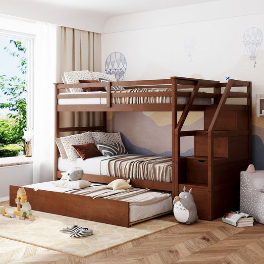 Bunk Bed, Twin Over Twin, Solid Wood with Trundle and Storage Stairs for Shared Bedroom or Guest Room