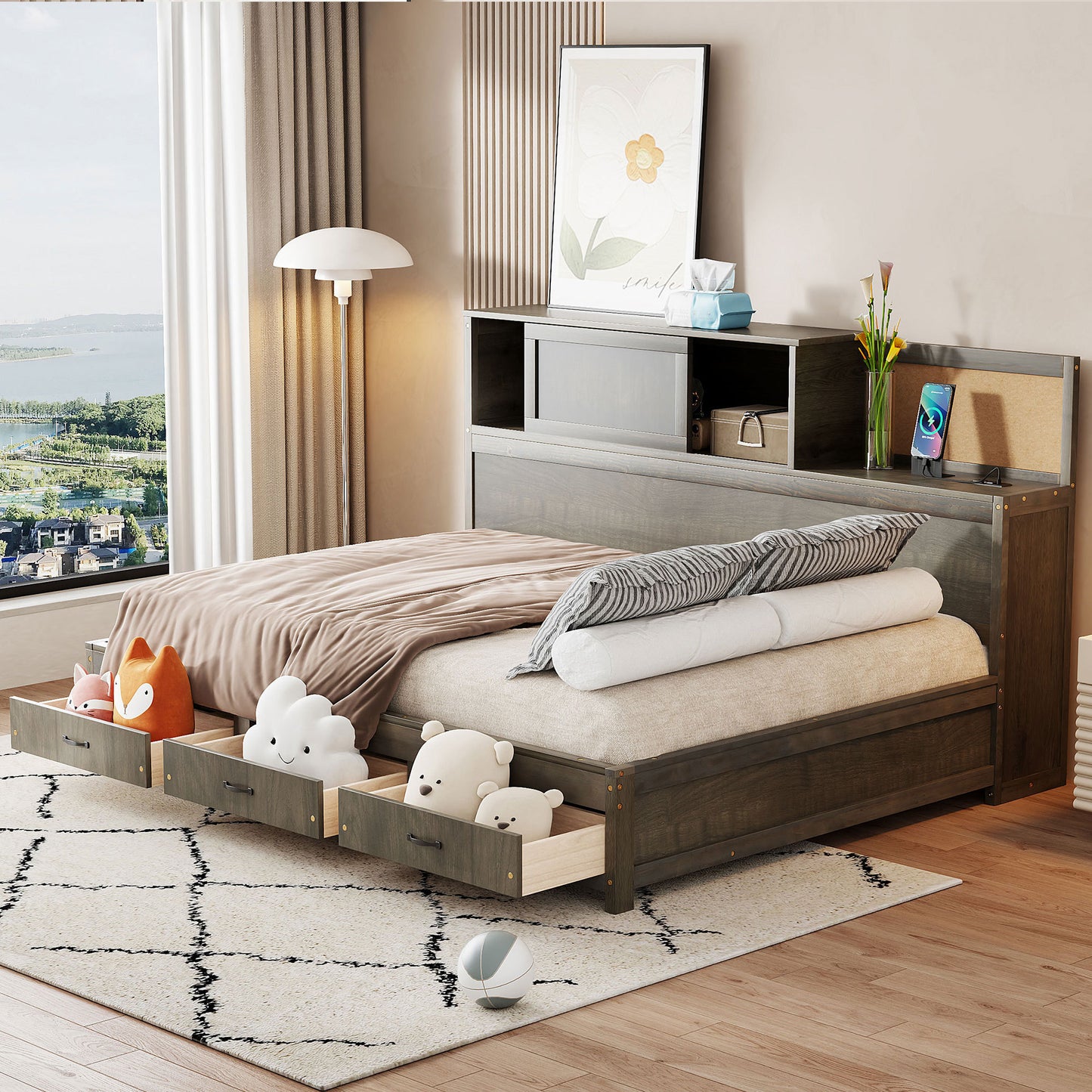 Full Size Wooden Daybed with 3 Storage Drawers, Upper Soft Board, shelf