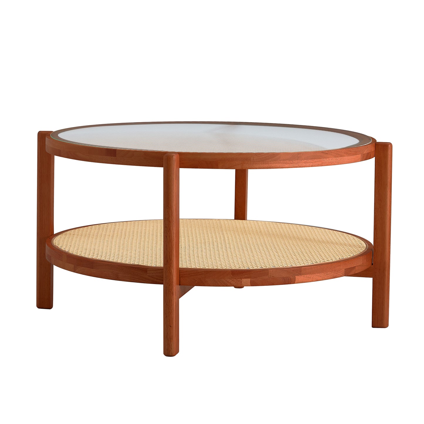 Modern Round Coffee Table – Double Layer Solid Wood Table with Glass Top & Rattan Shelf, Living Room Accent Table