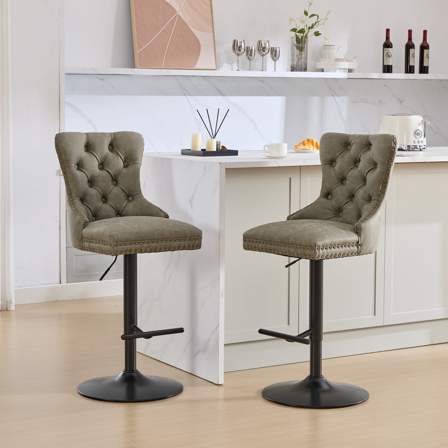 Aged and Retro PU Swivel Barstools, Adjustable Height 26-33 Inch