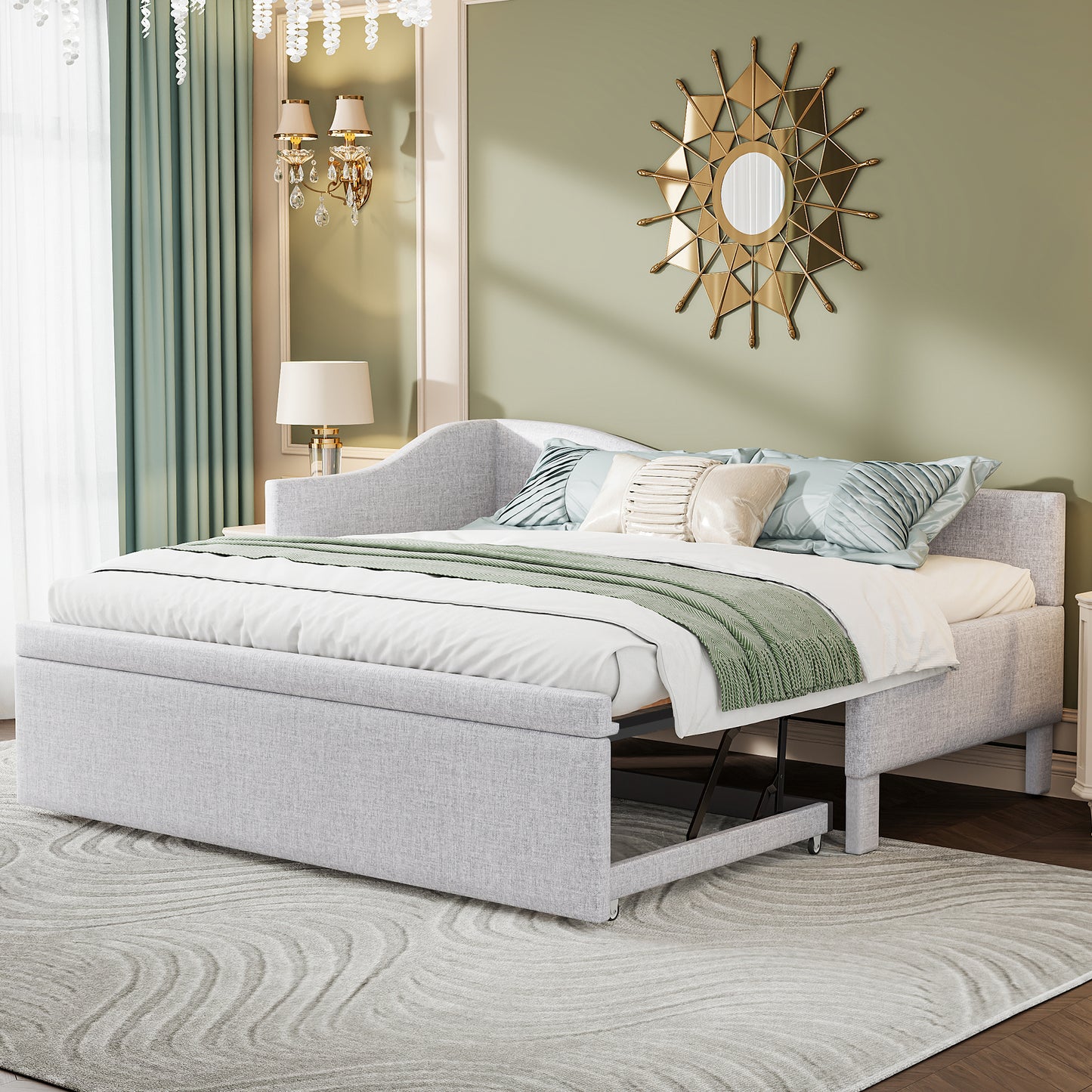 Twin Size Upholstered L-Shaped Upholstered Daybed with Pop Up Trundle