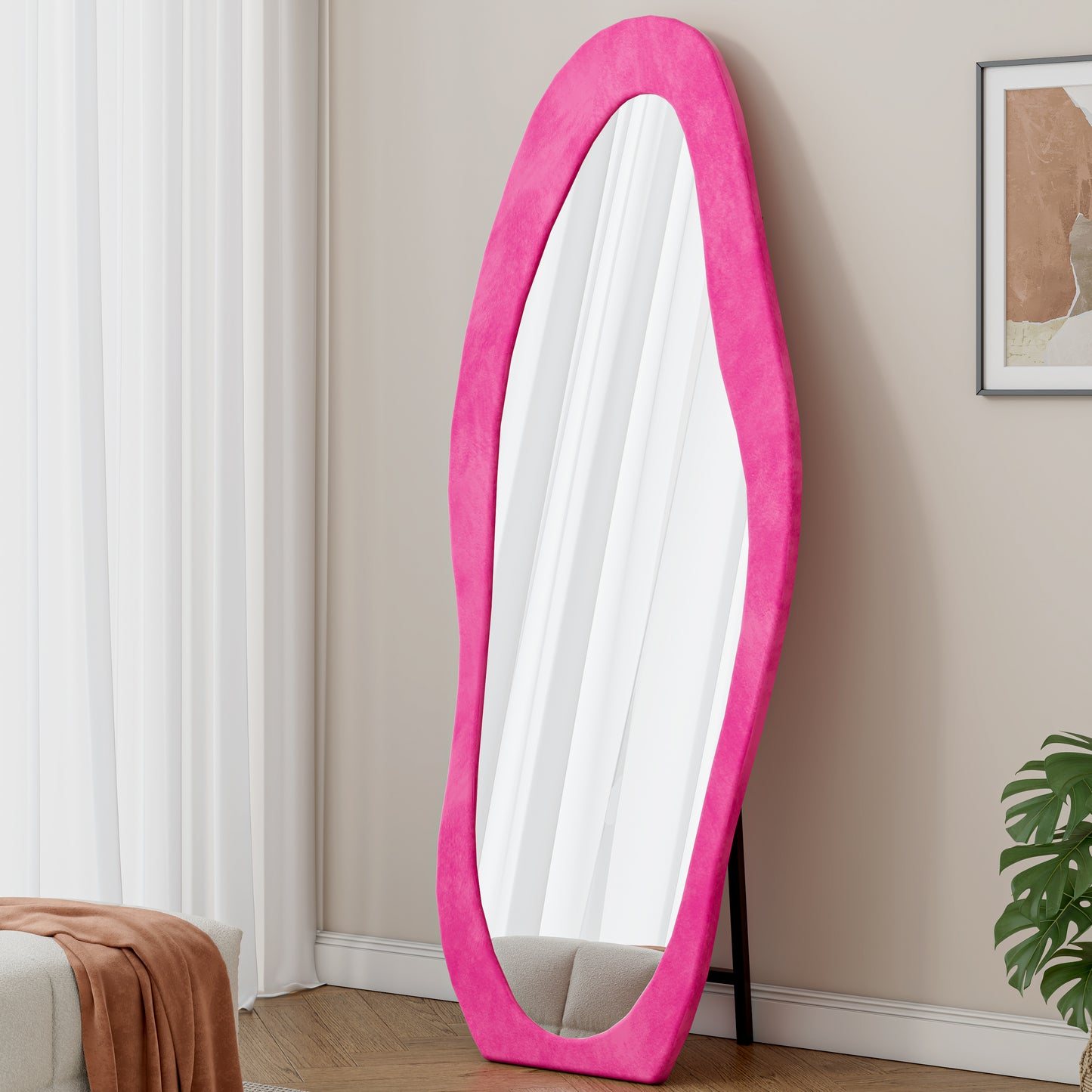 63" x 24" Full Length Mirror, Flannel Wrapped Wooden Frame Irregular Wavy Mirror Standingt