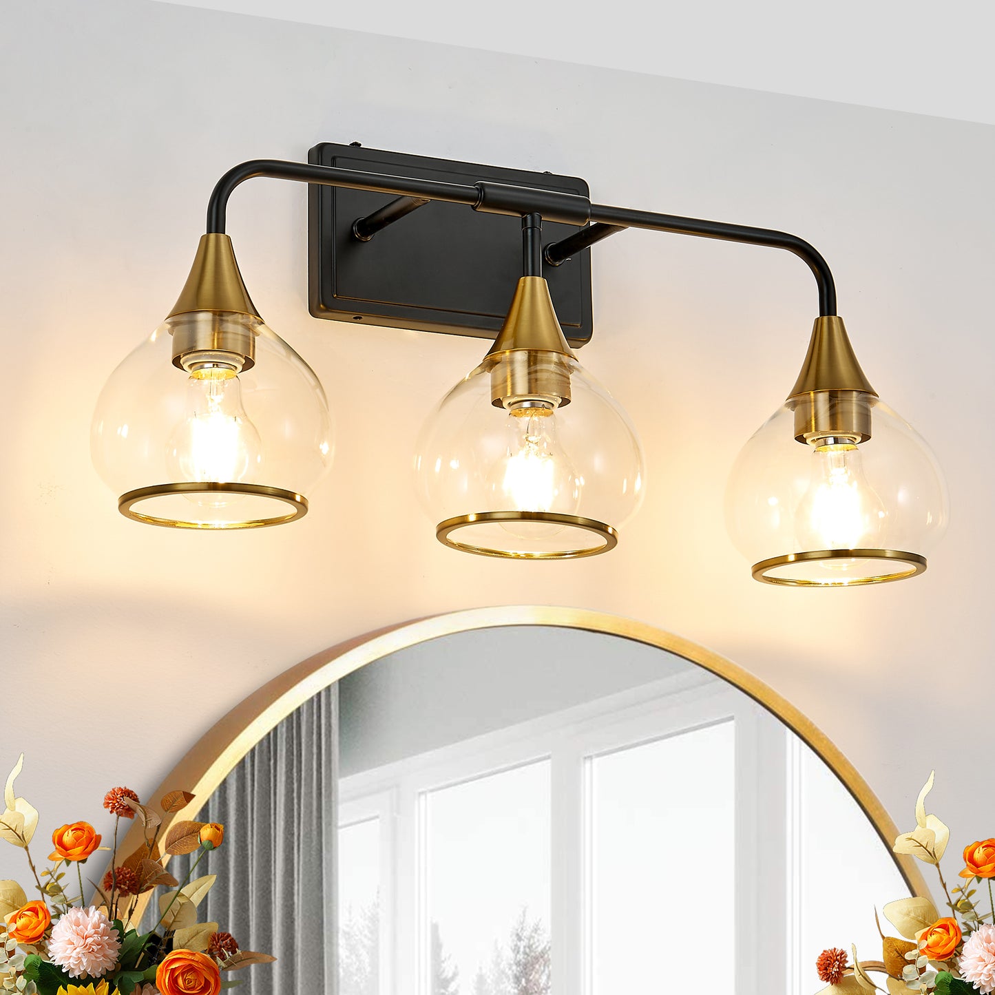 Modern Vanity Wall Sconce - Black and Gold Bathroom Light Fixture with Clear Glass Shades,