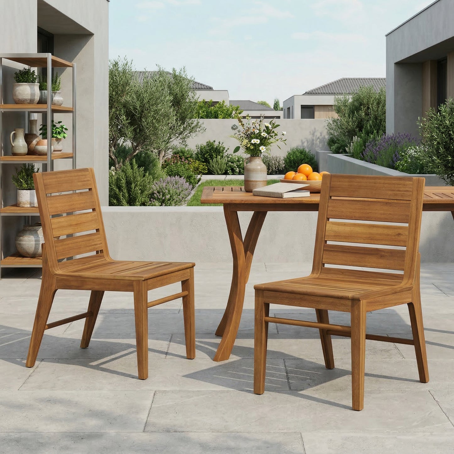 Outdoor Acacia Wood Dining Chairs Set of 2 – Teak Finish Patio Side Chairs with Ergonomic Curved Back, Weather-Resistant Garden Seating