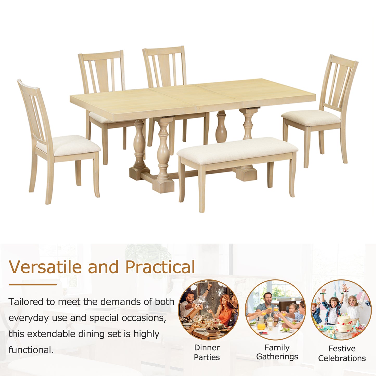 Traditional 6-Piece 78inch Trestle Extendable Dining Table Set with One 18inch Removable Leaf, Padded Dining Chairs and Bench,Natural