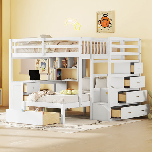 Bunk Bed Full White and Gray Solid Wood with Drawers and Shelves for Bedroom and Guest Room