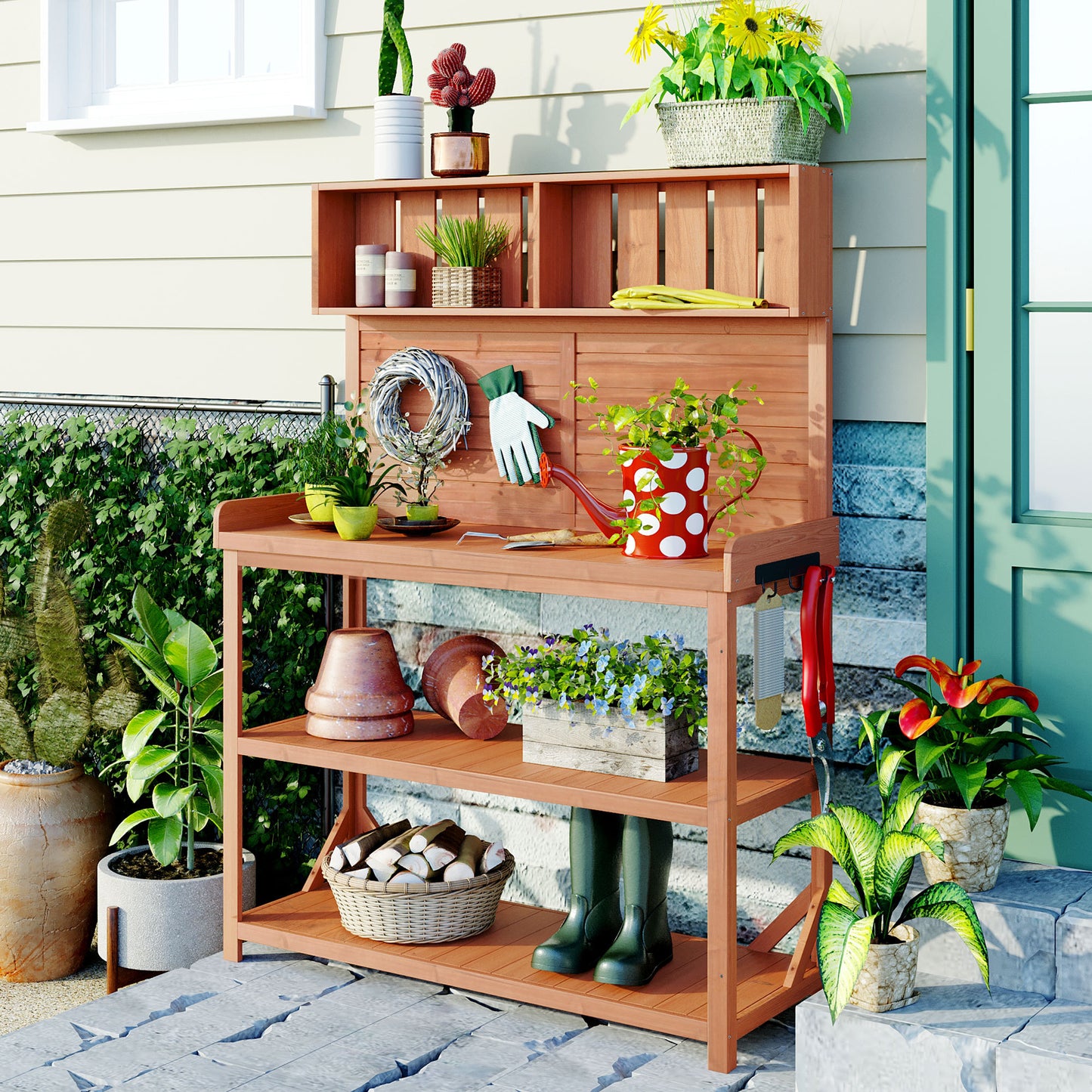 65' Large Wooden Farmhouse Rustic Outdoor Potting Bench Table, Patio Workstation, Garden Potting Bench with 4 Storage Sh