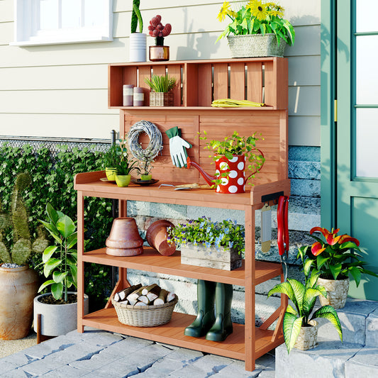 Garden Potting Bench Solid Wood Natural with Storage for Patio, Garden, or Backyard