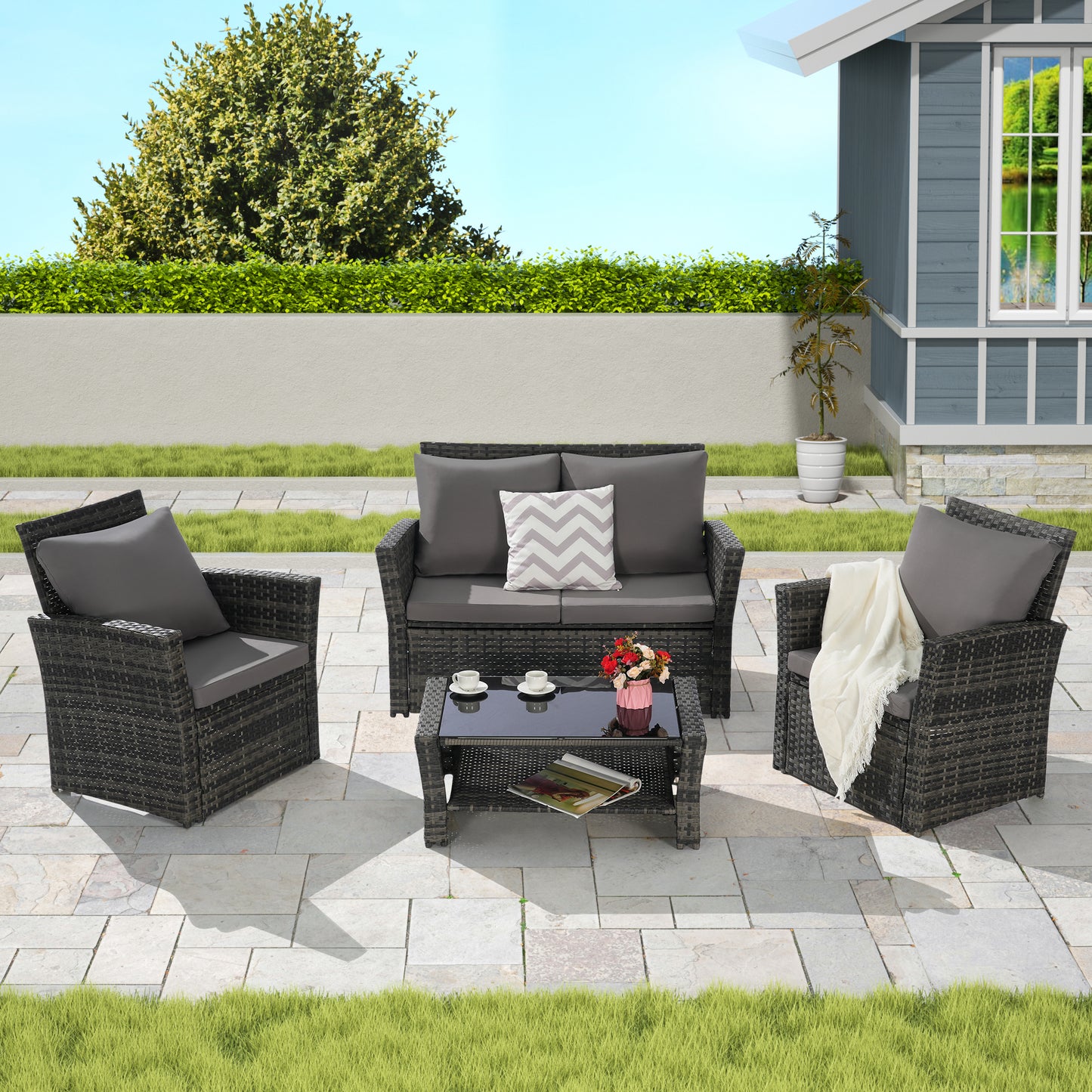 4 Piece Outdoor Patio Furniture Set – Rattan Wicker Chairs with Tempered Glass Coffee Table, Garden Seating Set