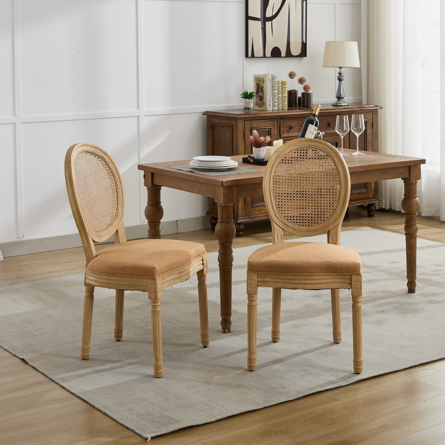 French Style Solid Wood Frame Antique Painting Linen Fabric Rattan Back Dining Chair, Set of 2