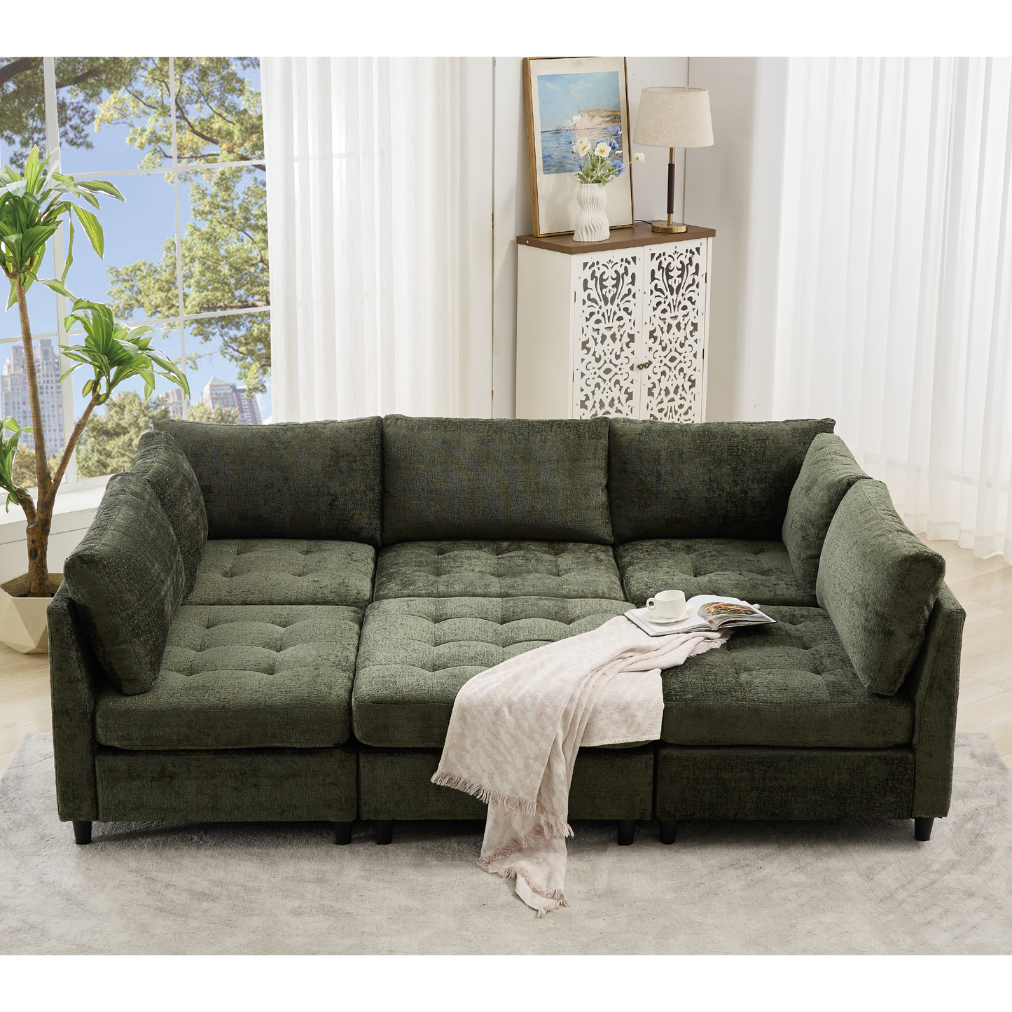 Modular Sectional Couch with Storage Ottoman, U Shaped Sofa, Storage Ottoman,Minimalist ,Convertible Modular Sofa,Chenille ,Upholstered,6 Seat,Living Room,   Green