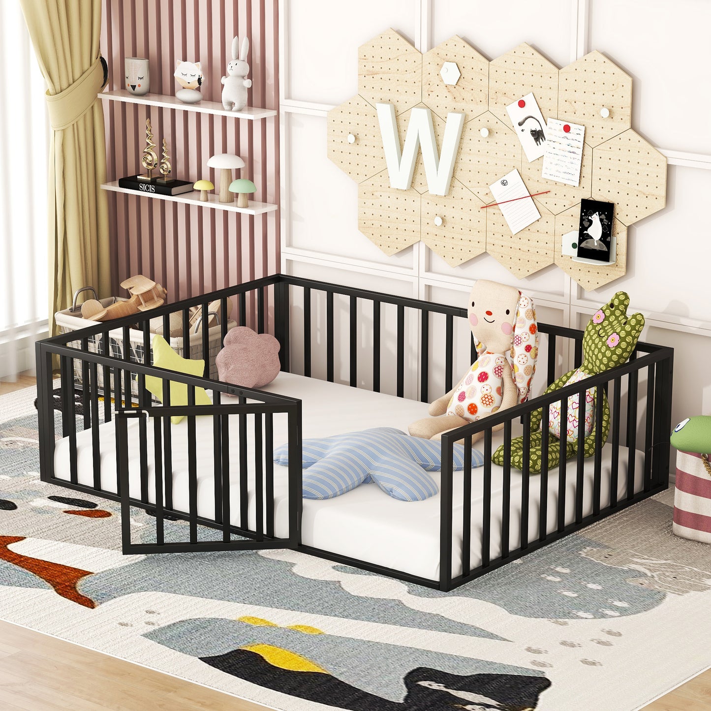 Full Size Metal Floor Bed Frame with Fence and Door