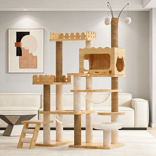 66.9" Modern Wood Cat Tree Tower – Multi-Level Cat Condo with Sisal Scratching Posts, Acrylic Hammock & Top Perch for Indoor Cats