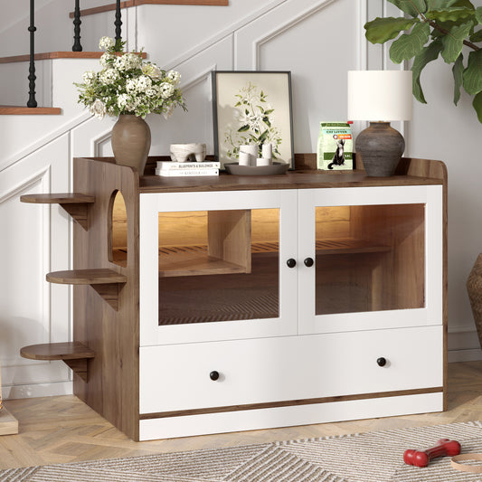 Hidden Cat Litter Box Enclosure with Drawer & Stairs – Wooden Cat Furniture House for Modern Homes