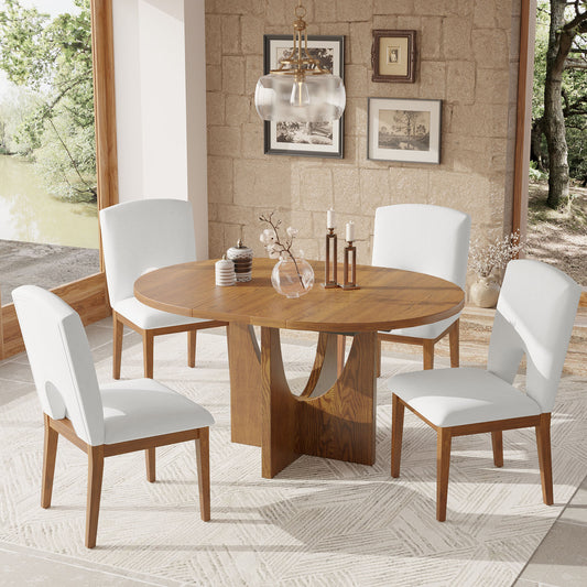 5-Piece Dining Table Set Modern Rubber Wood Walnut with Extendable Design for Dining Room or Kitchen