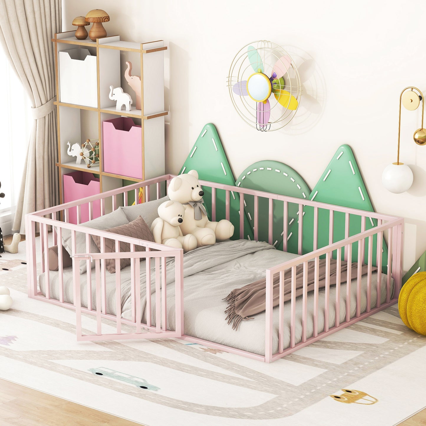Full Size Metal Floor Bed Frame with Fence and Door