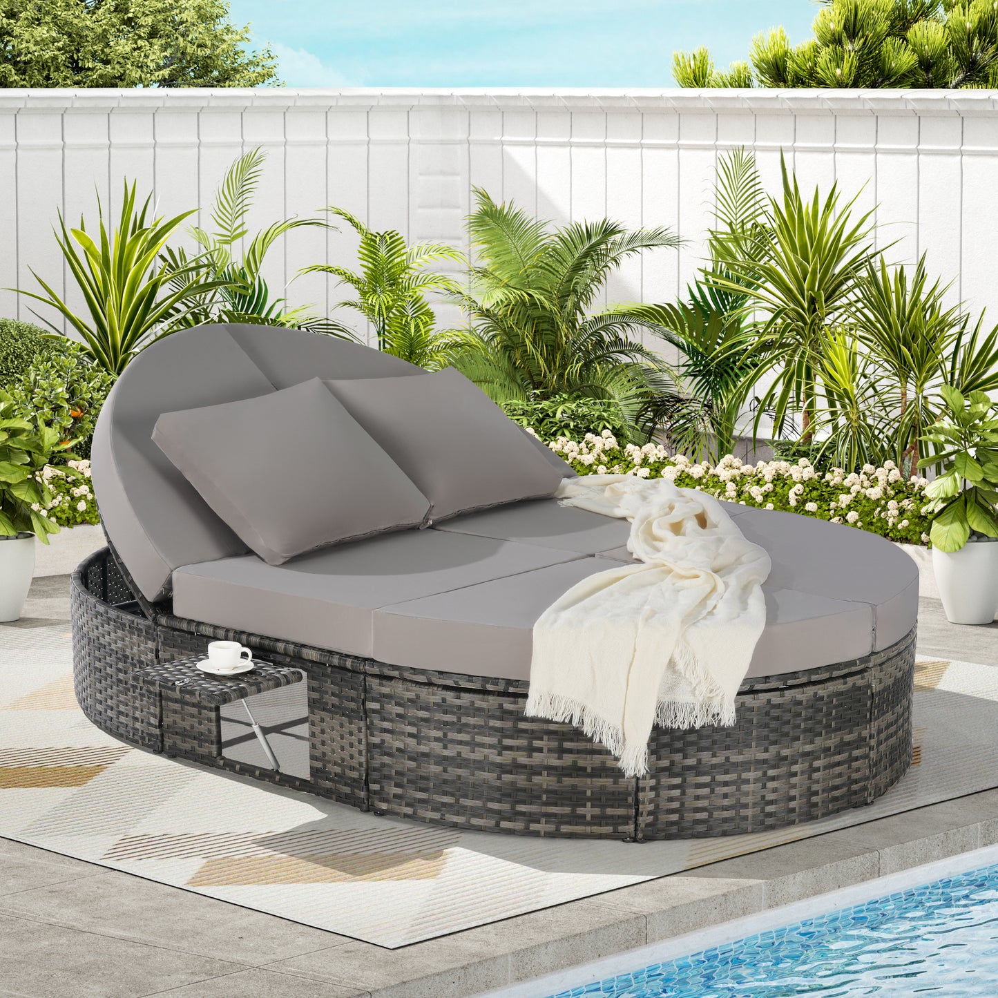 Outdoor Round Wicker Daybed – Rattan Patio Lounge with Adjustable Backrests & Cup Holders, Garden Sunbed