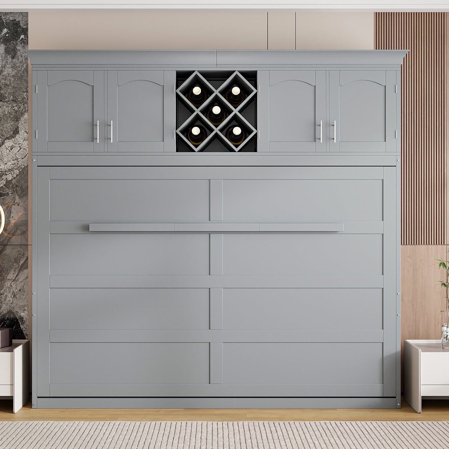 Queen Size Murphy Bed Wall Bed with Top Cabinets & Wine Rack