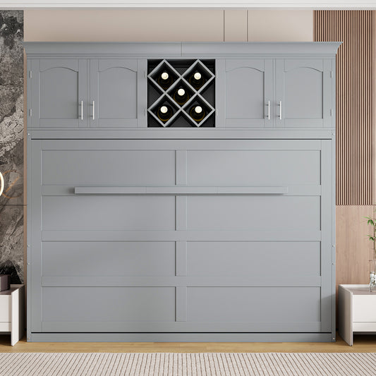 Murphy Wall Bed, Queen Size, Plywood with Top Cabinets and Wine Rack for Bedroom or Home Office
