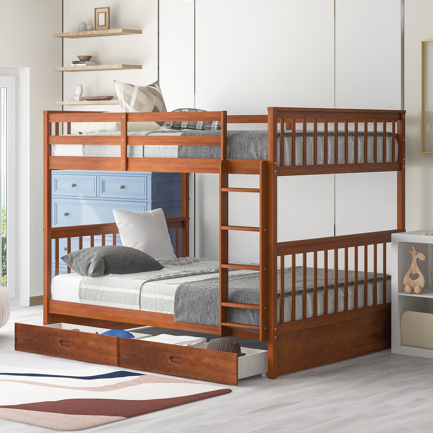 Full-Over-Full Bunk Bed with Ladders and Two Storage Drawers
