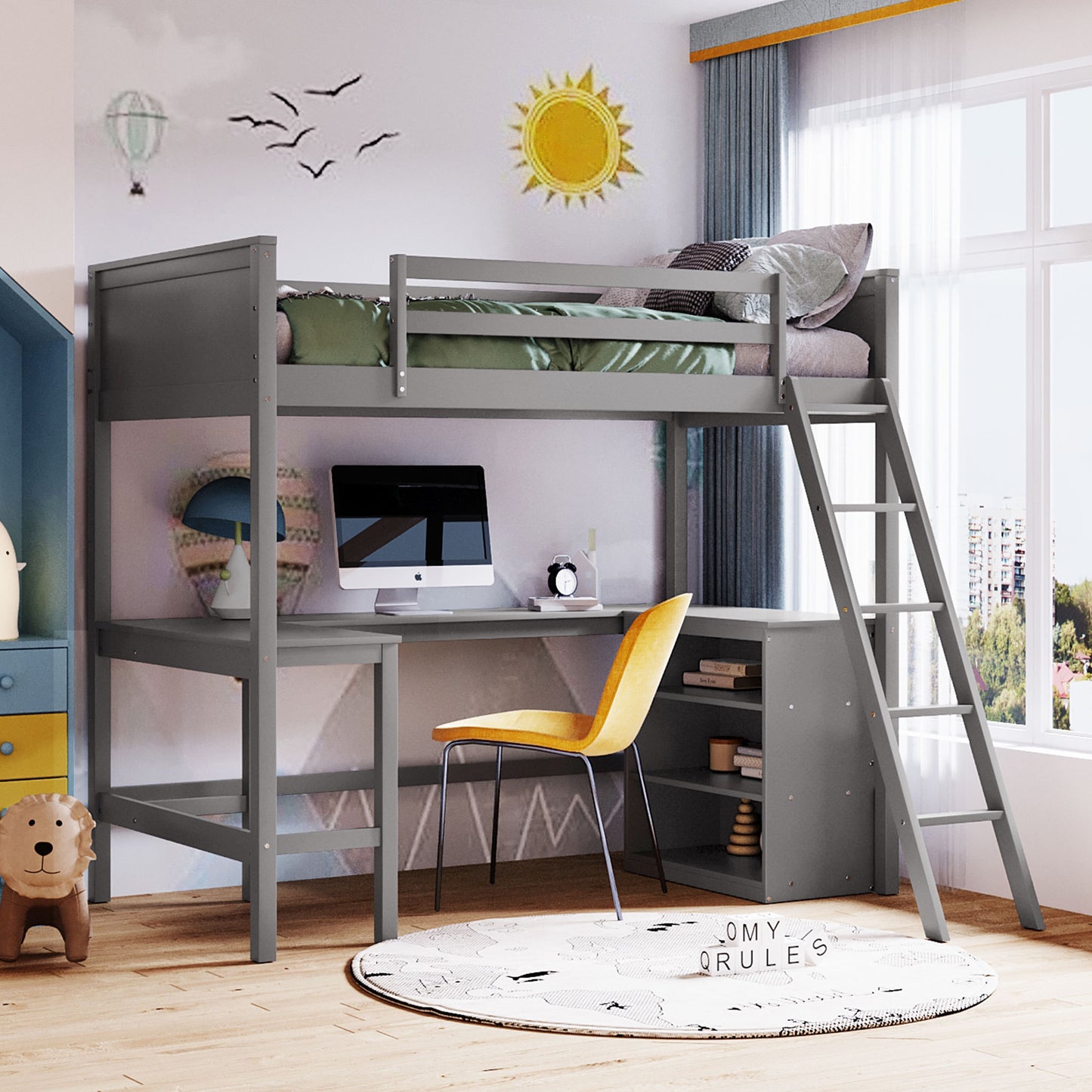 Twin size Loft Bed with Shelves and Desk, Wooden Loft Bed with Desk