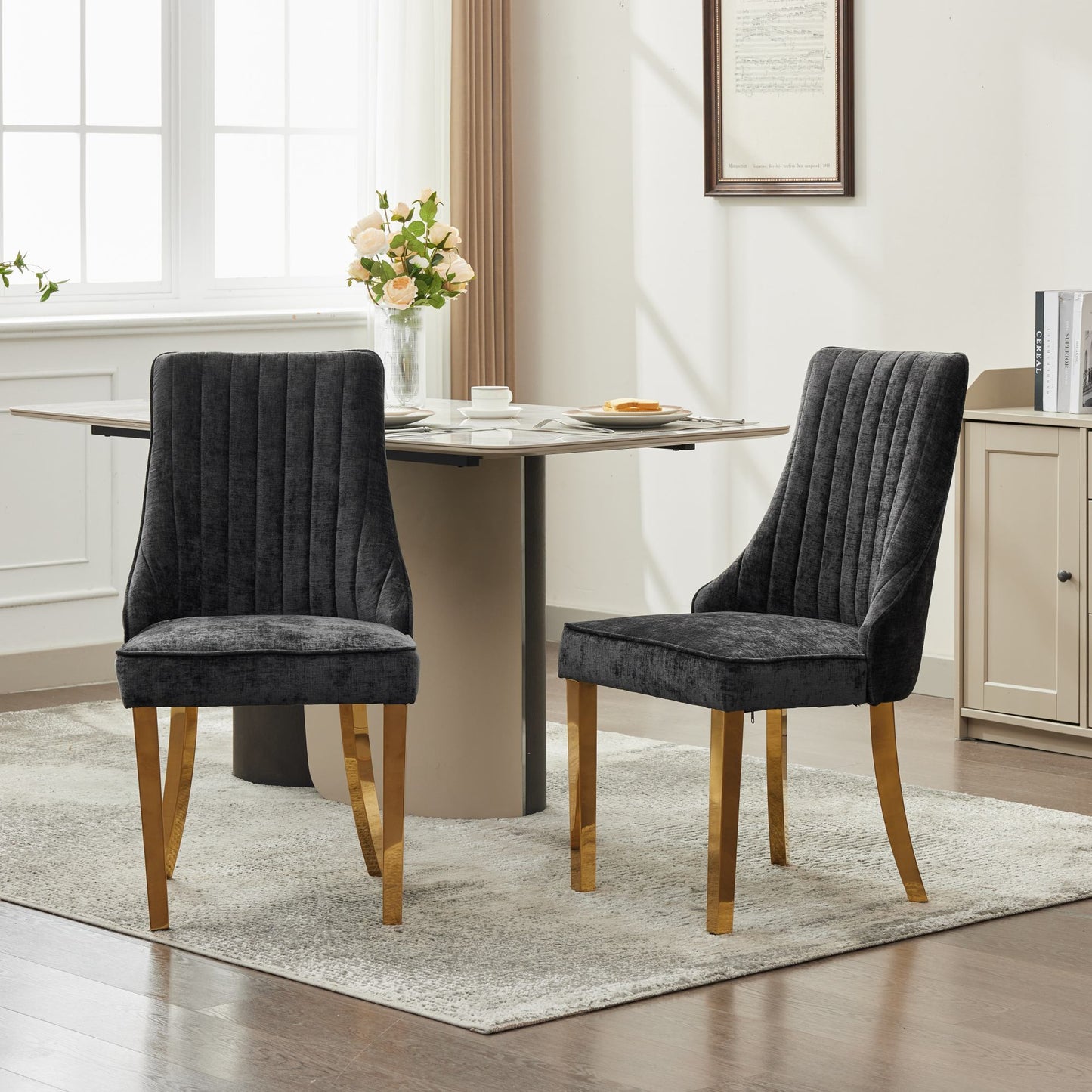 Rayon Cloth Flocking Chenille Channel Upholstered Dining Chairs with Golden Stainless Steel Plating Legs