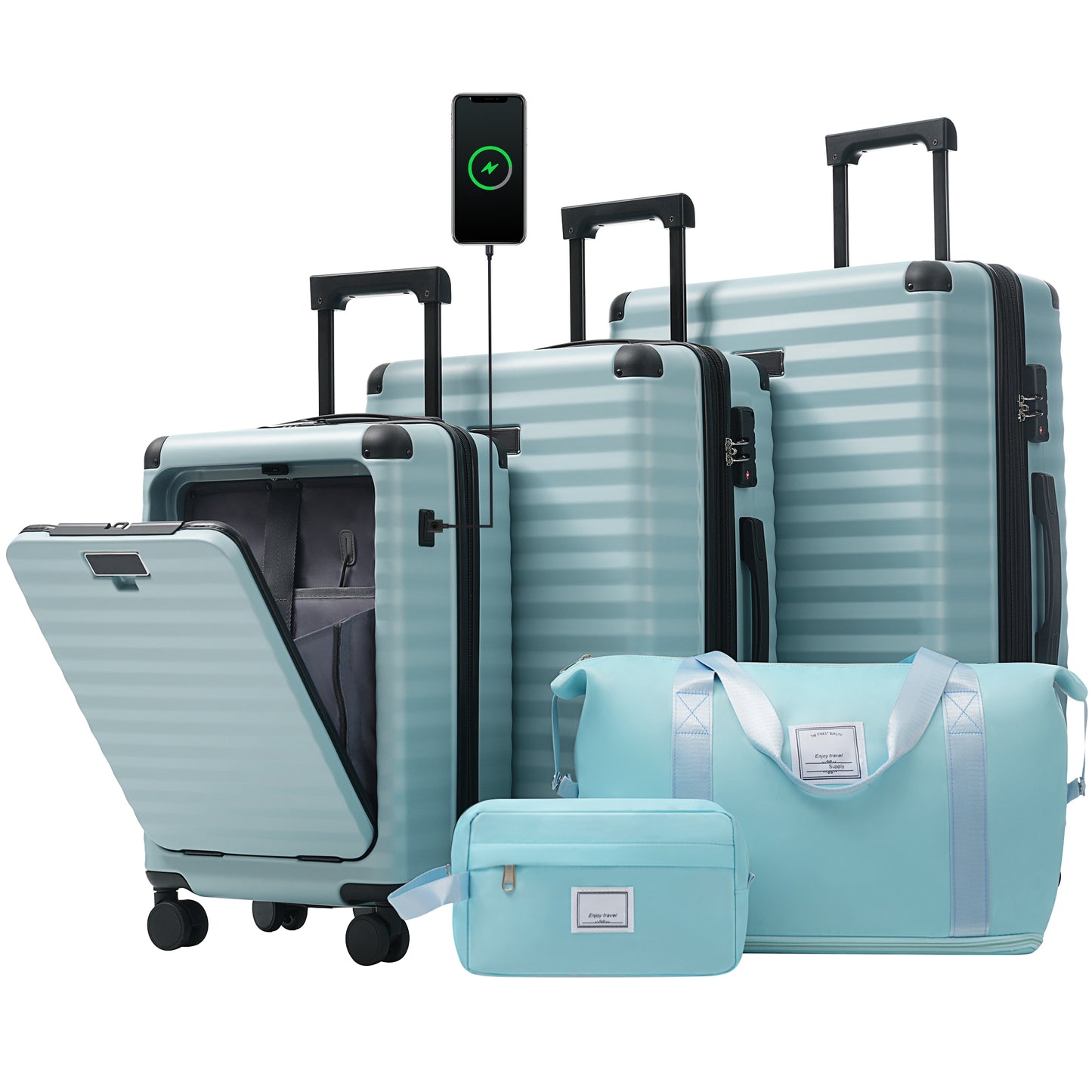 Luggage Sets 5 Piece with Front Opening , Hardside Expandable Carry on Suitcase with Spinner Wheels TSA Lock USB Port  C