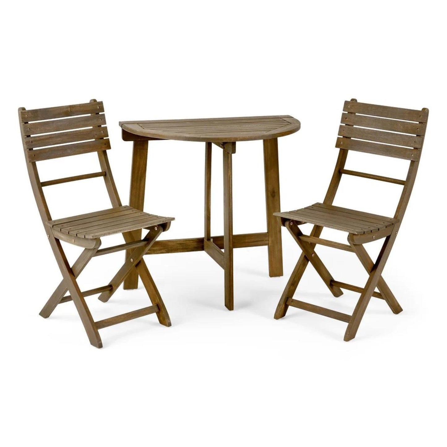 3-Piece Half Round Folding Acacia Wood Bistro Set – Outdoor Patio Table and Chair Set with Slatted Design