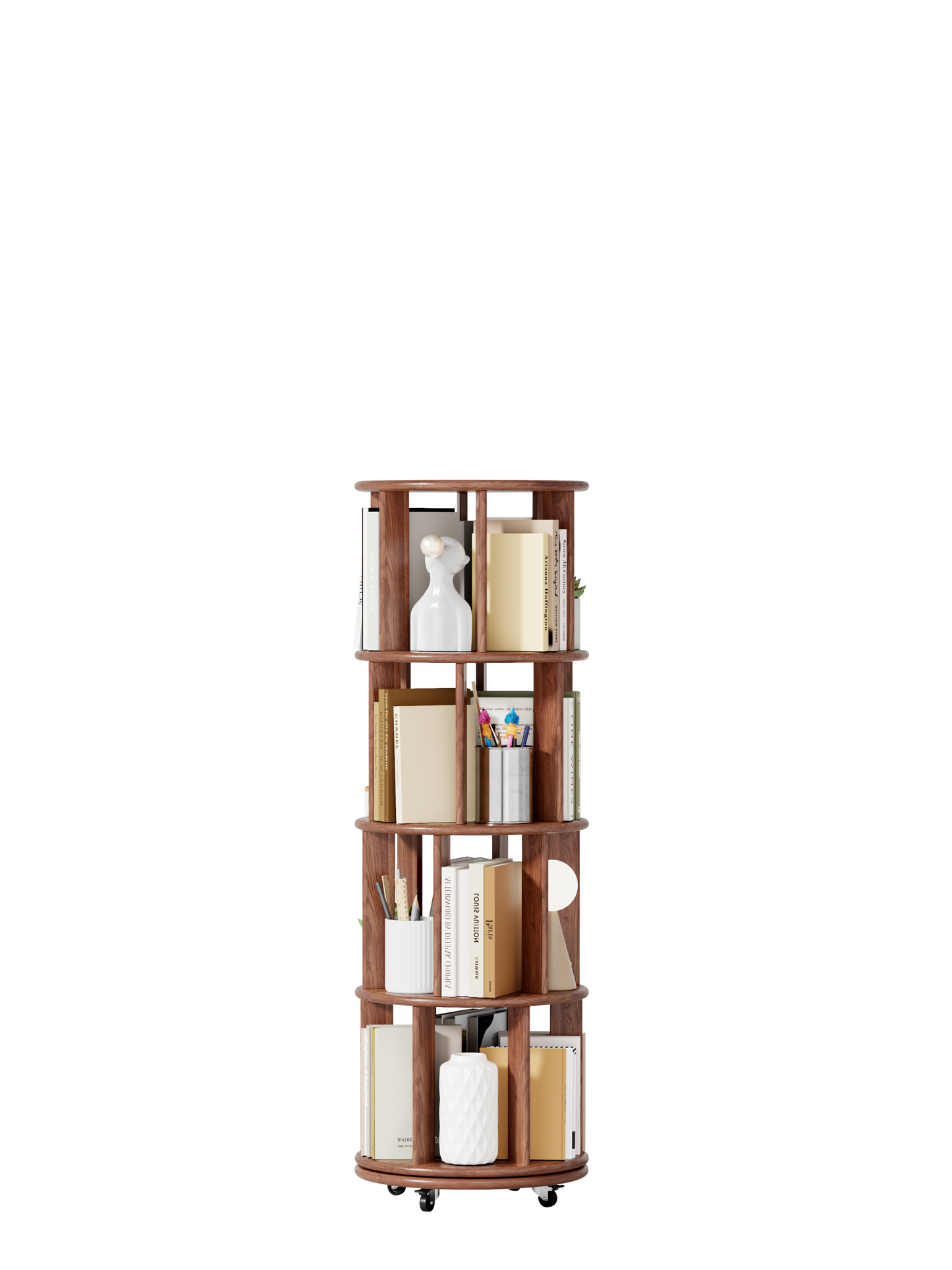 Solid Wood Rotating Bookshelf – 360° Revolving Bookcase with Wheels, Round Storage Shelf