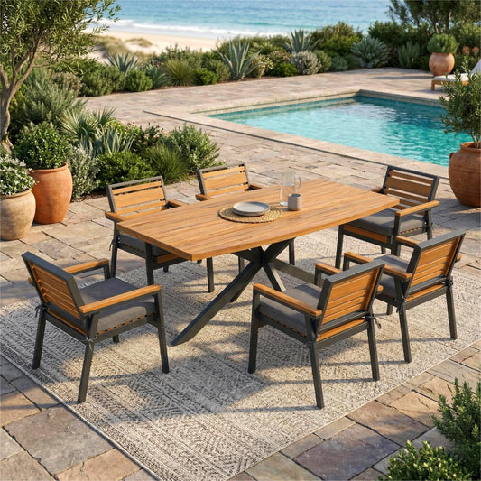 Modern Acacia Wood & Iron 7-Piece Dining Set with Removable Cushions, Indoor & Outdoor Patio Furniture for Garden, Balcony & Dining Room