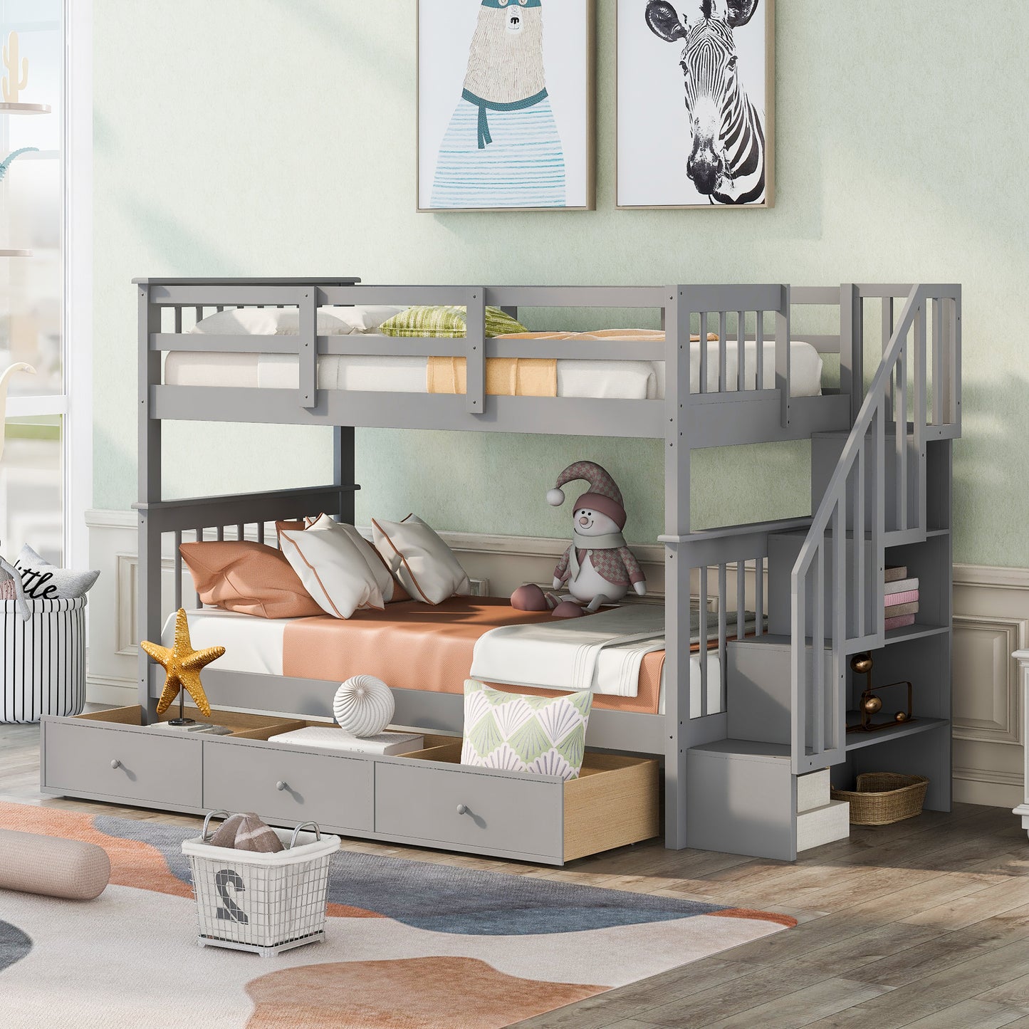 Stairway Twin-Over-Twin Bunk Bed with Three Drawers for Bedroom, Dorm
