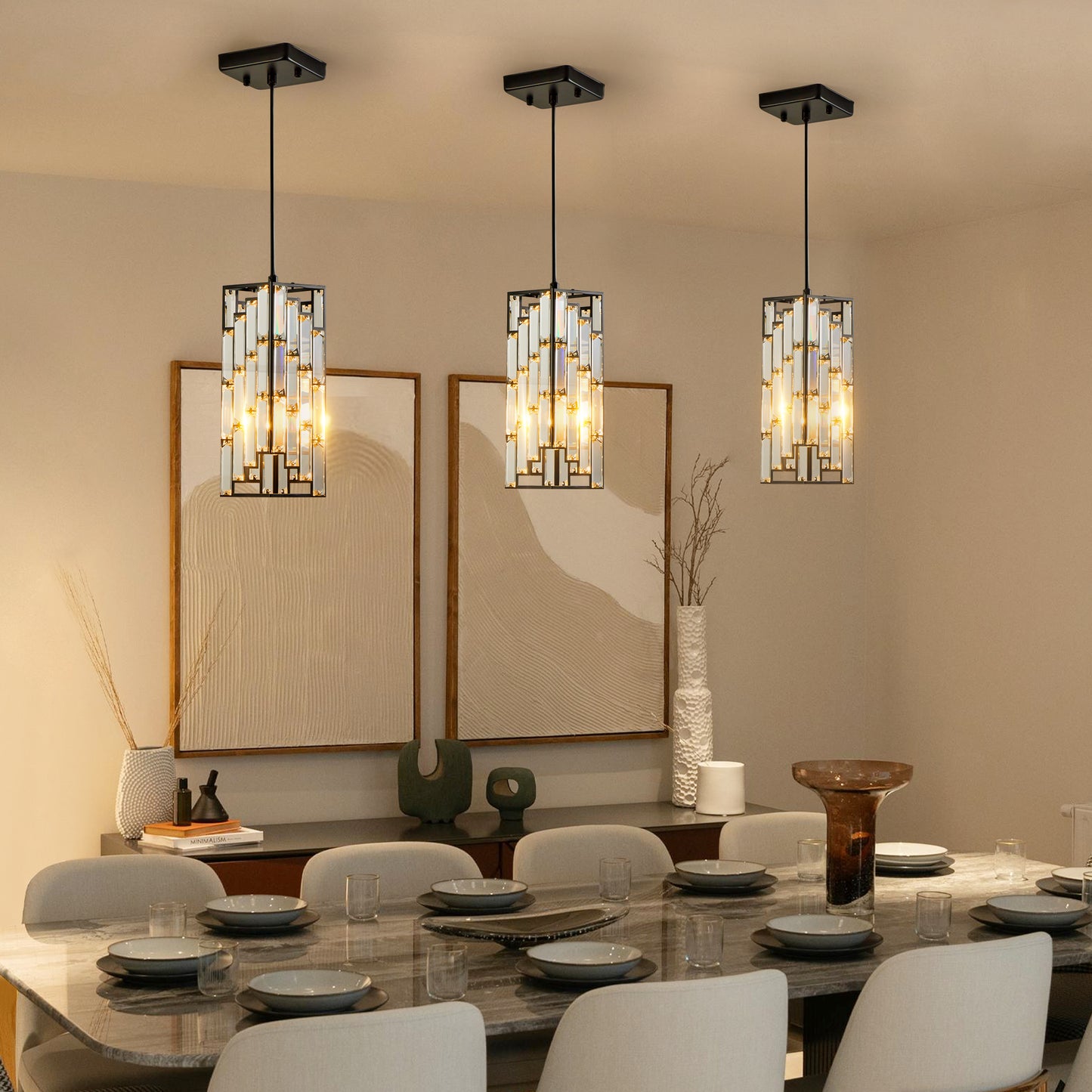 Modern Crystal Pendant Light - 3 Pack, Adjustable Hanging Ceiling Lamp with Crystal Prism Design for Dining Room, Kitchen Island, and Living Room -Black Finish