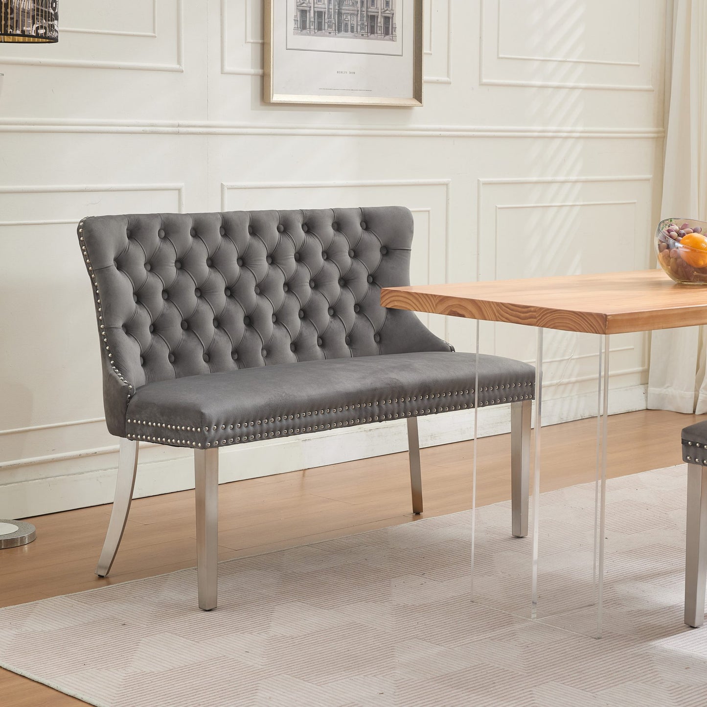 Velvet Double Dining Loveseat Bench, Kitchen & Dining Seating, 2-Seat Tufted Bench w/Handmade Buttons, Wing Back, Brushe