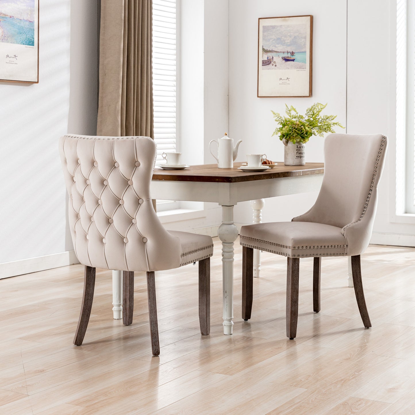 Upholstered Wing-Back Dining Chair with Backstitching Nailhead Trim and Solid Wood Legs,