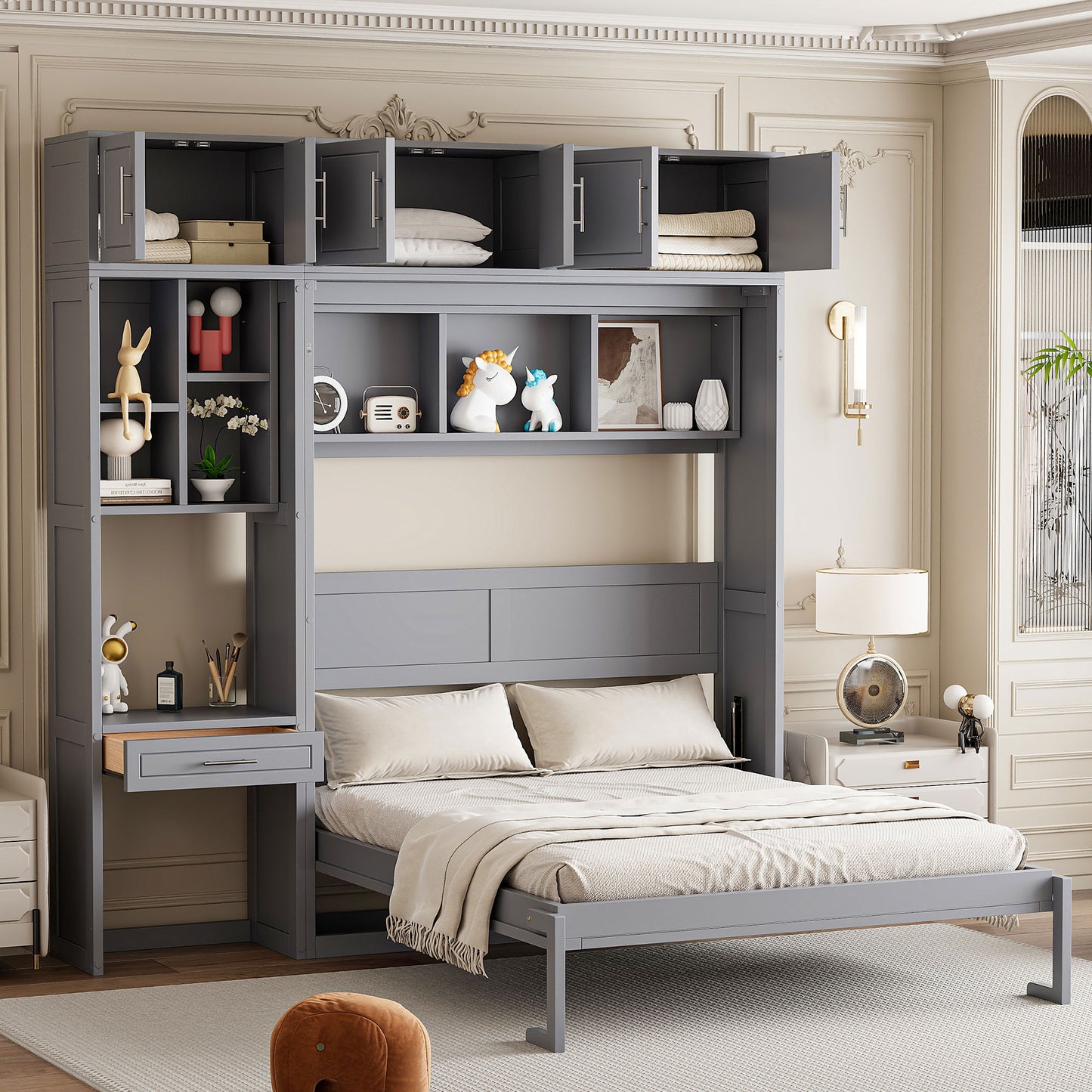 Queen Size Wall Murphy Bed with Desk, Top Cabinet and Storage Shelves, Space Saving Foldable